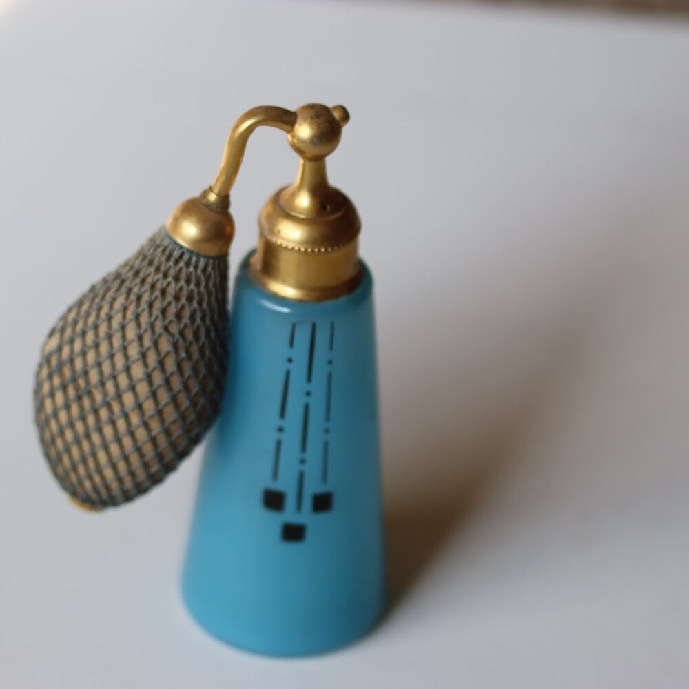 Vintage DeVilbiss Art Deco Perfume Atomizer Bottle Blue Painted Glass